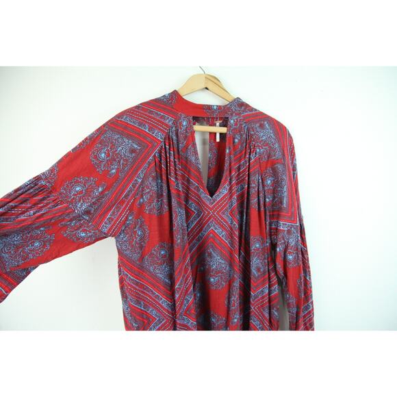 Free People Medium Tunic Top Red Blue Boho Hippy High Neck walking on a Dream - Picture 5 of 11